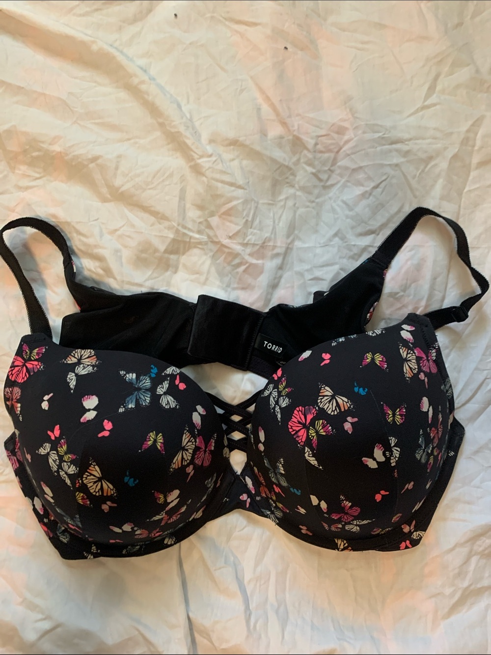 Black Butterfly Print Push-Up Bra with Strappy Detail